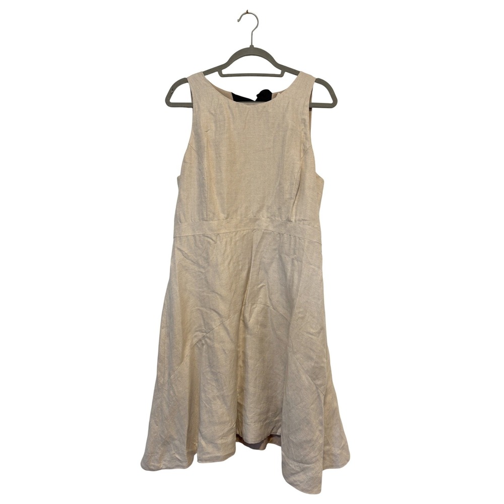 J. Crew Herringbone Linen Blend Bow Back‎ Fit Flare Dress Beige Tan Womens 14